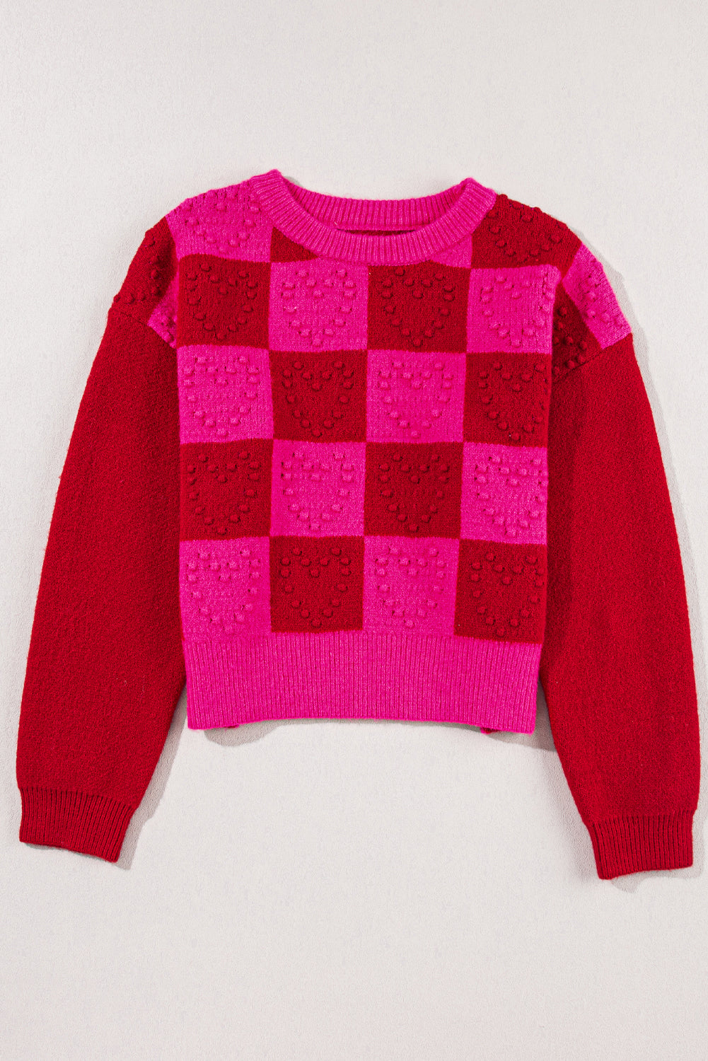 Checkered Round Neck Dropped Shoulder Sweater-Angel Casuals