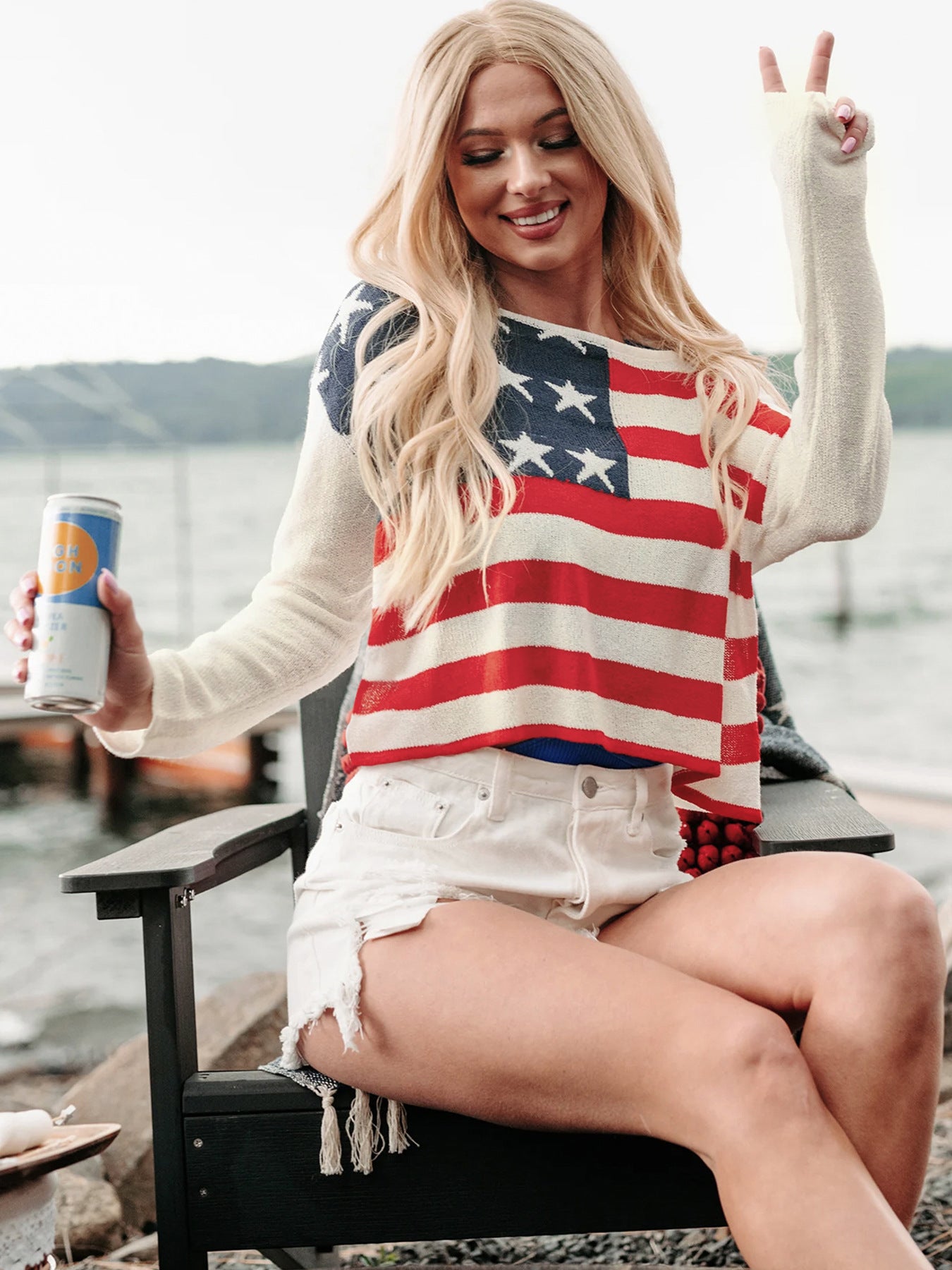 Perfee US Flag Boat Neck Long Sleeve Knit Top-Angel Casuals