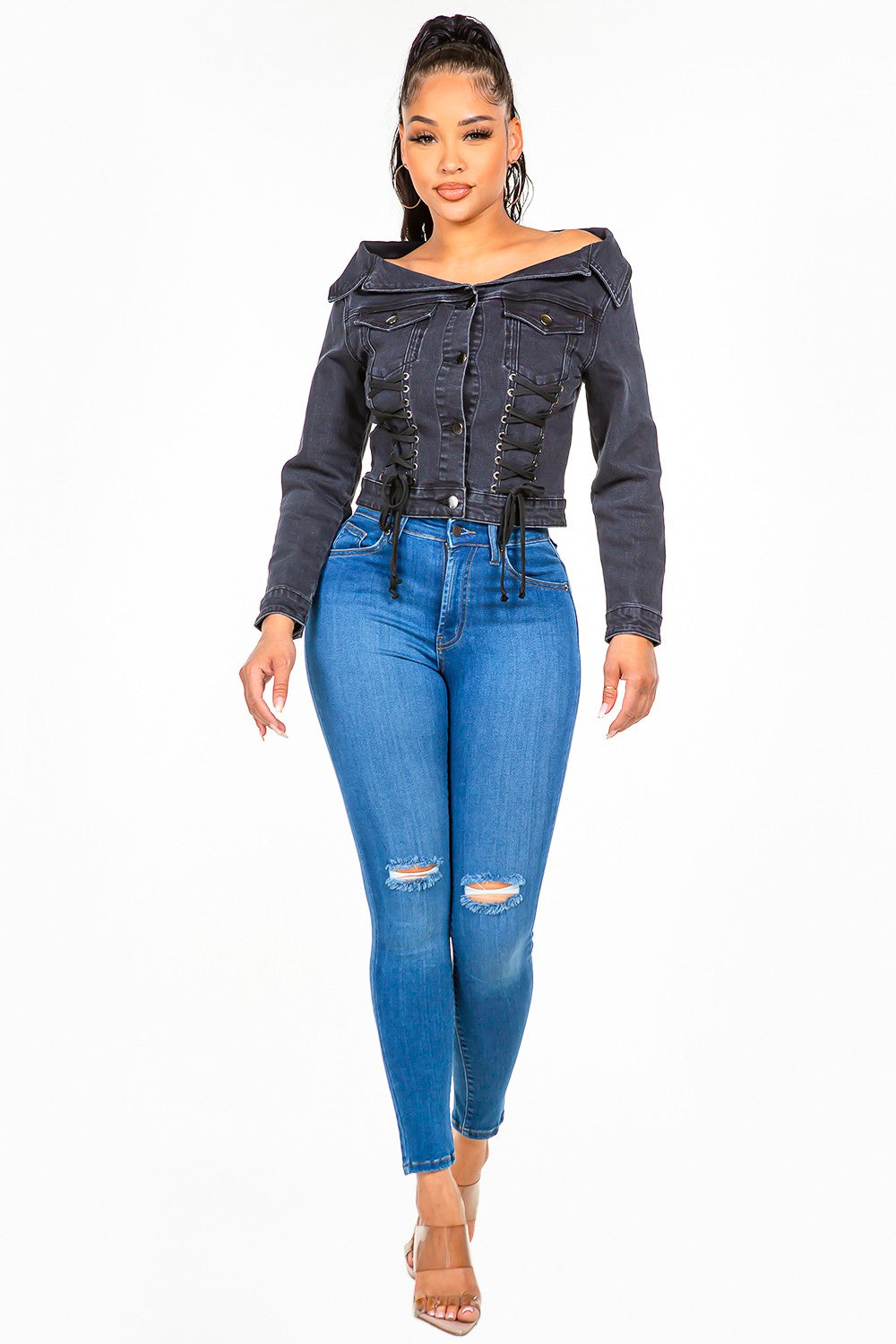 American Bazi Off Shoulder Lace Up Denim Jacket-Angel Casuals