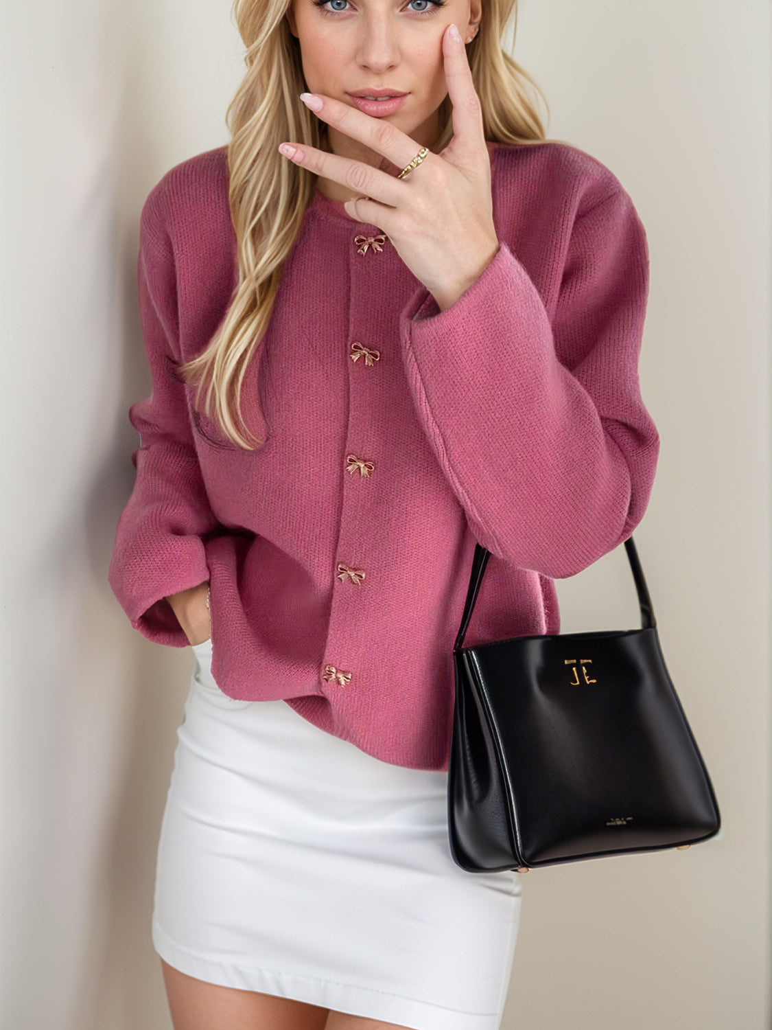 Bow Button Down Round Neck Long Sleeve Cardigan-Angel Casuals