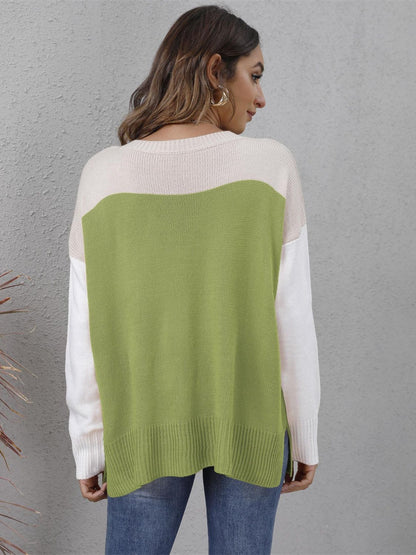 Color Block Round Neck Sweater-Angel Casuals