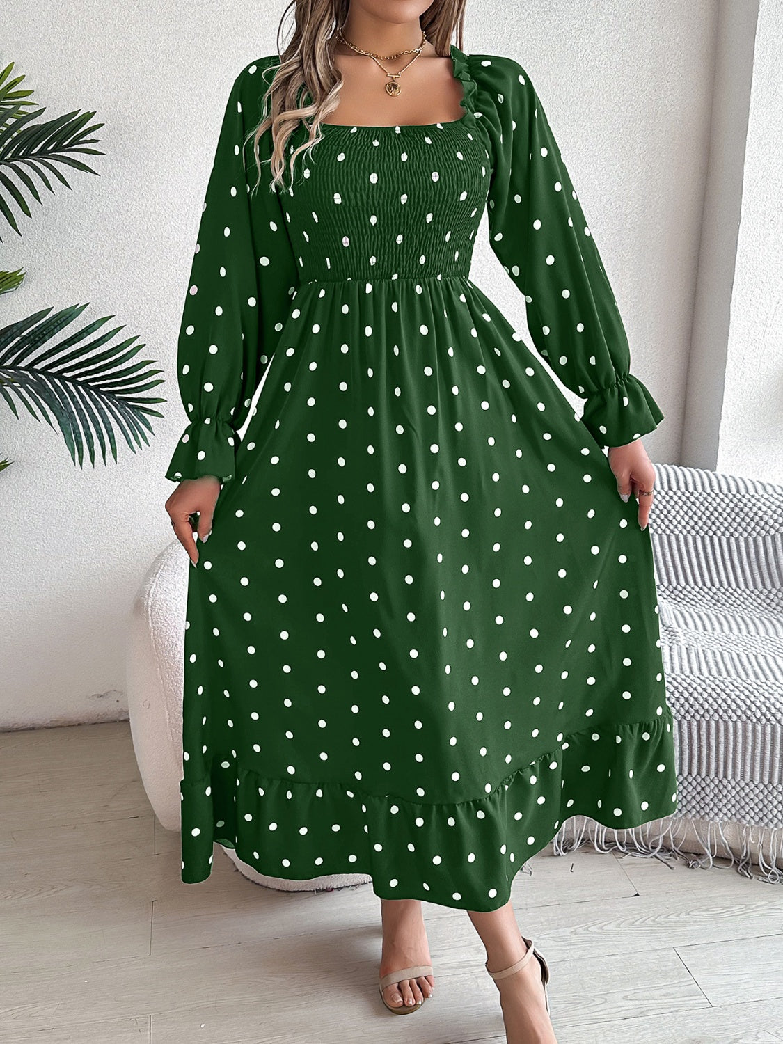 Polka Dot Flounce Sleeve Midi Dress-Angel Casuals