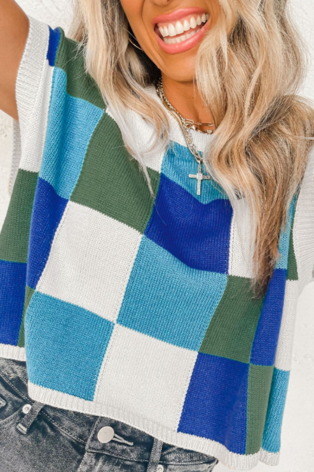 Contrast Plaid Round Neck Cap Sleeve Sweater-Angel Casuals
