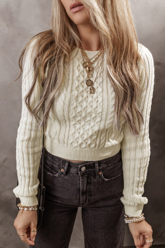 Cable-Knit Round Neck Long Sleeve Sweater-Angel Casuals
