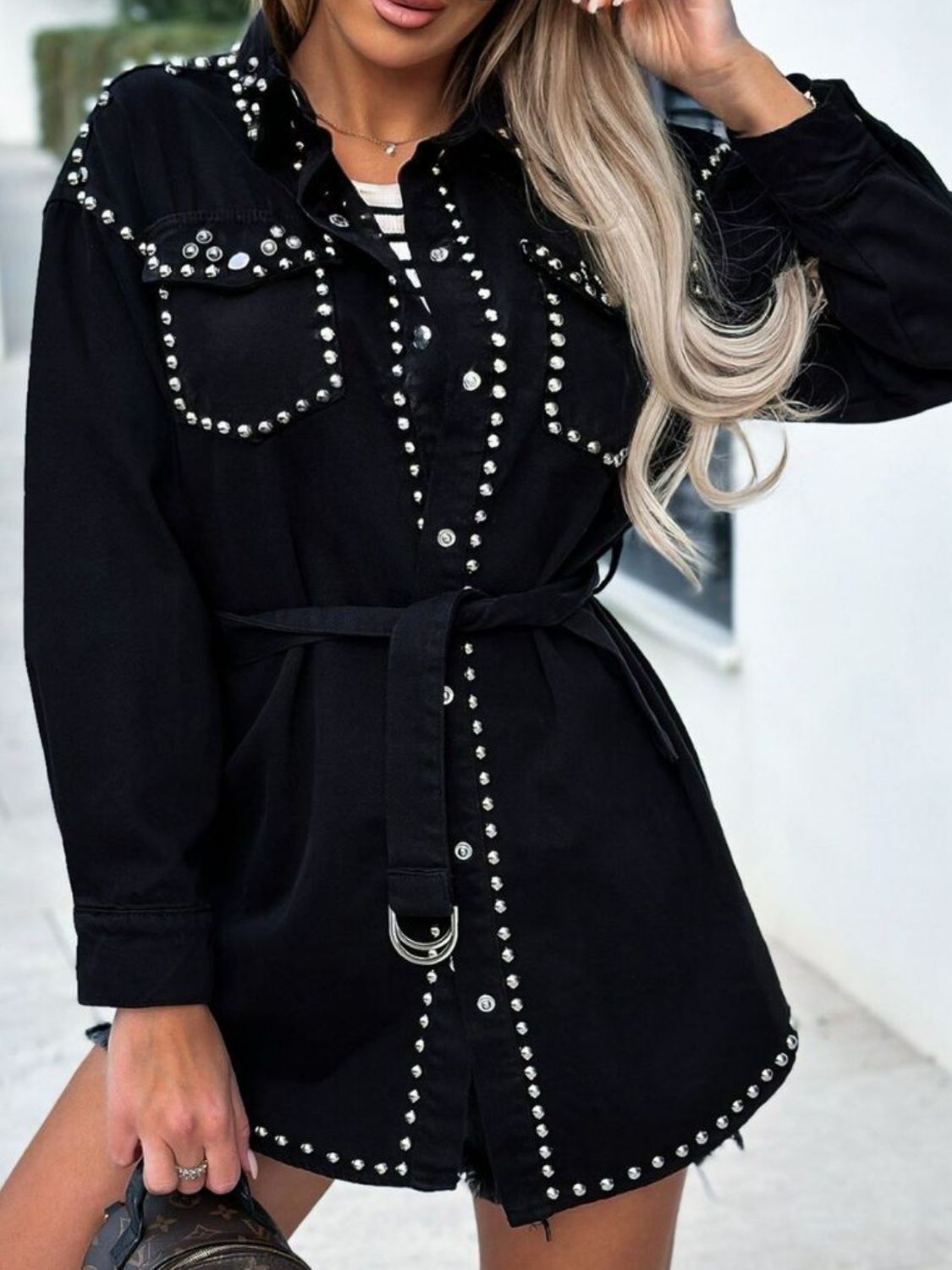 Studded Snap Down Long Sleeve Denim Shacket-Angel Casuals