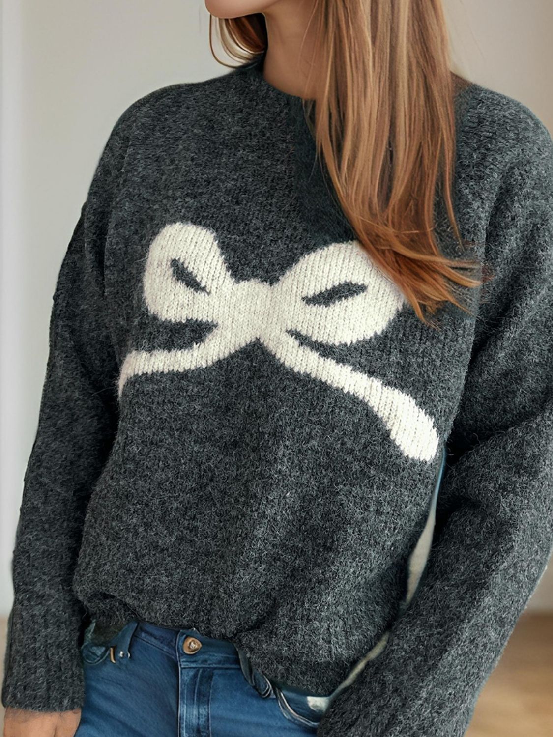 Bow Round Neck Long Sleeve Sweater-Angel Casuals