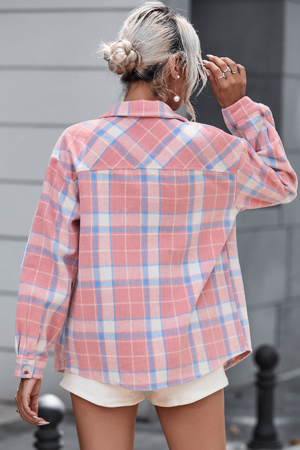 Plaid Pocketed Collared Neck Button Up Jacket-Angel Casuals