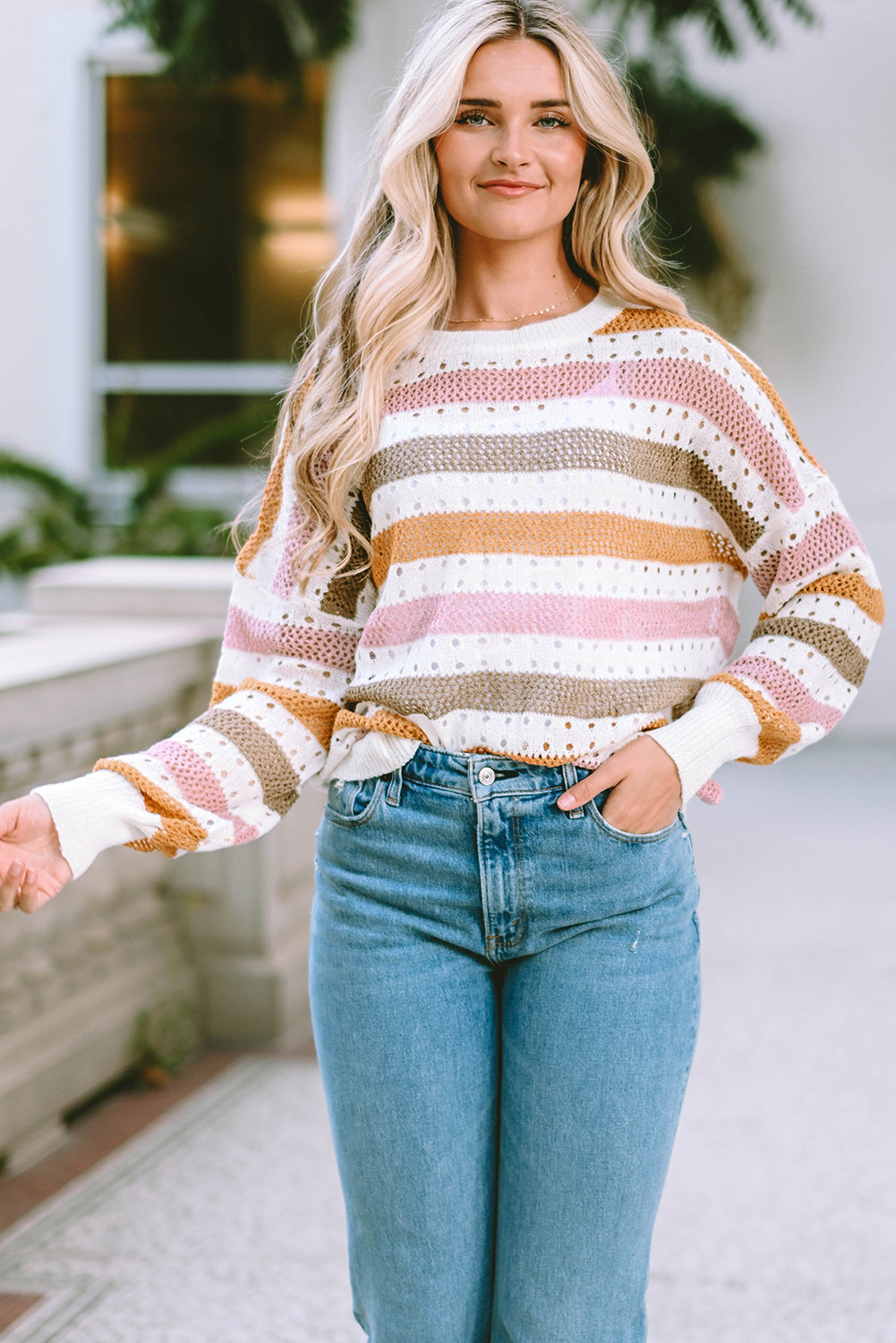 Openwork Striped Round Neck Long Sleeve Knit Top-Angel Casuals