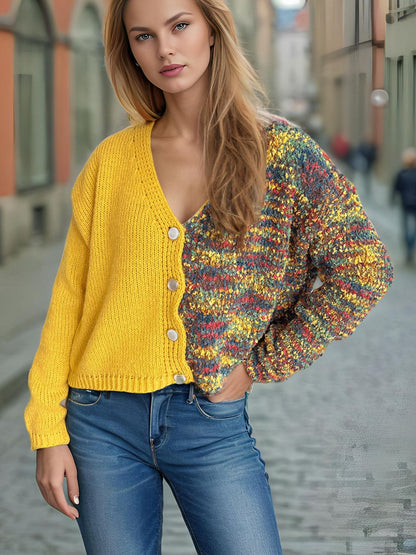 Contrast Button Up V-Neck Cropped Cardigan-Angel Casuals