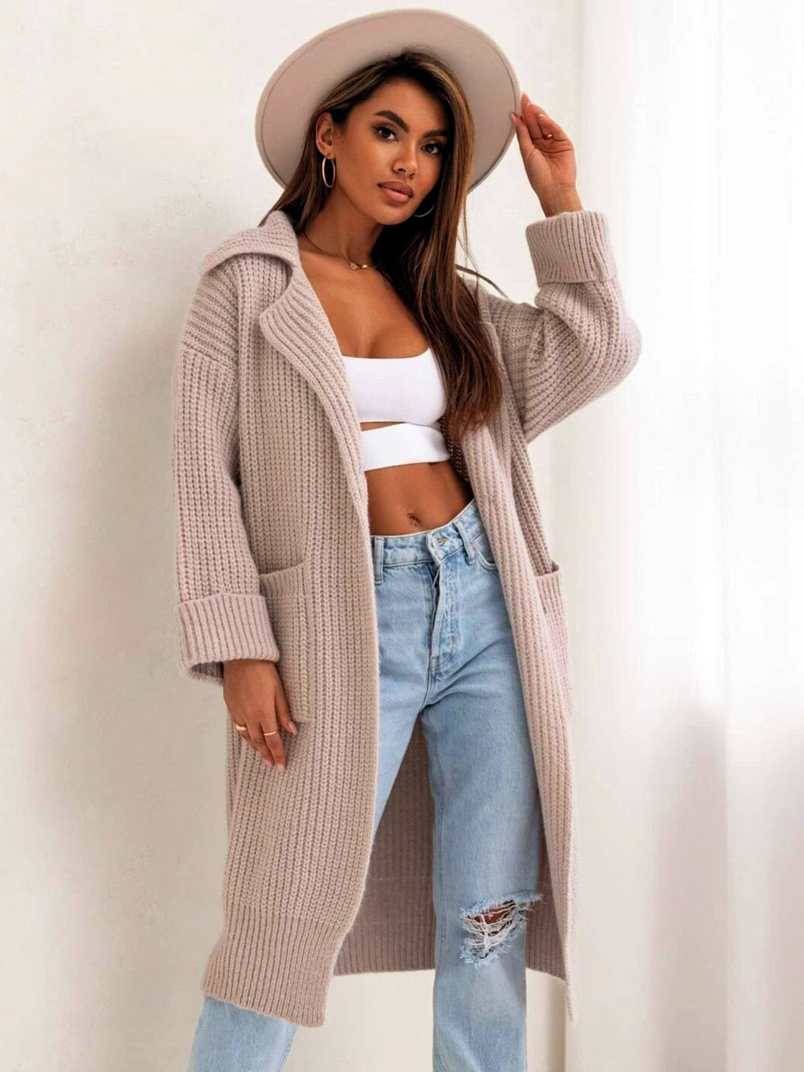 Pocketed Collared Neck Dropped Shoulder Cardigan-Angel Casuals