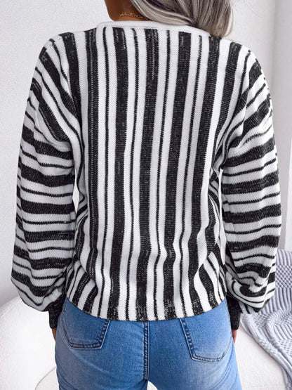 Striped Lace-Up Long Sleeve Sweater-Angel Casuals