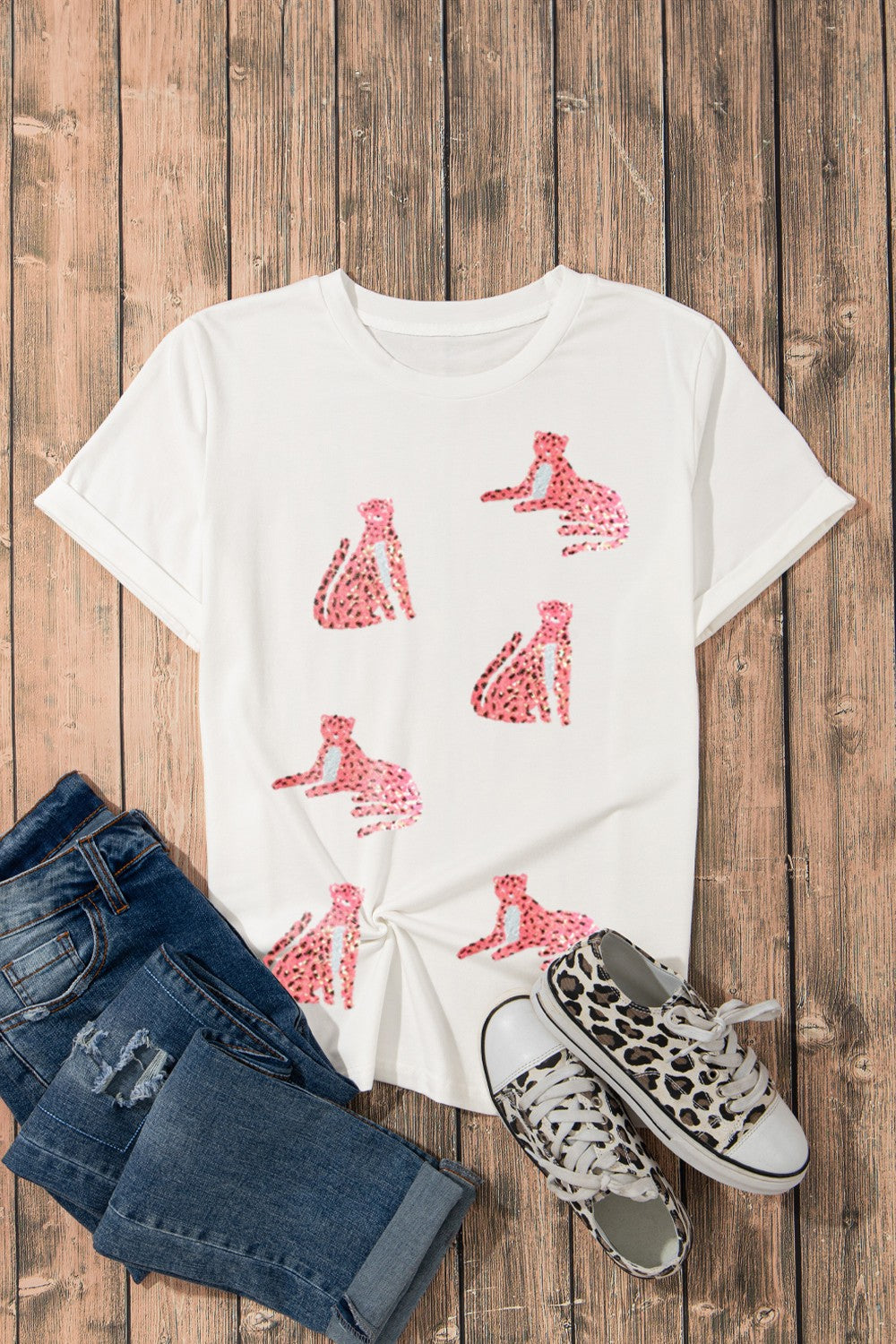 Sequin Leopard Round Neck Short Sleeve T-Shirt-Angel Casuals