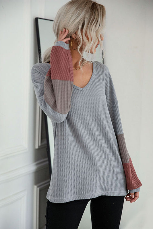 Perfee Color Block Sleeve Waffle Knit Tee-Angel Casuals