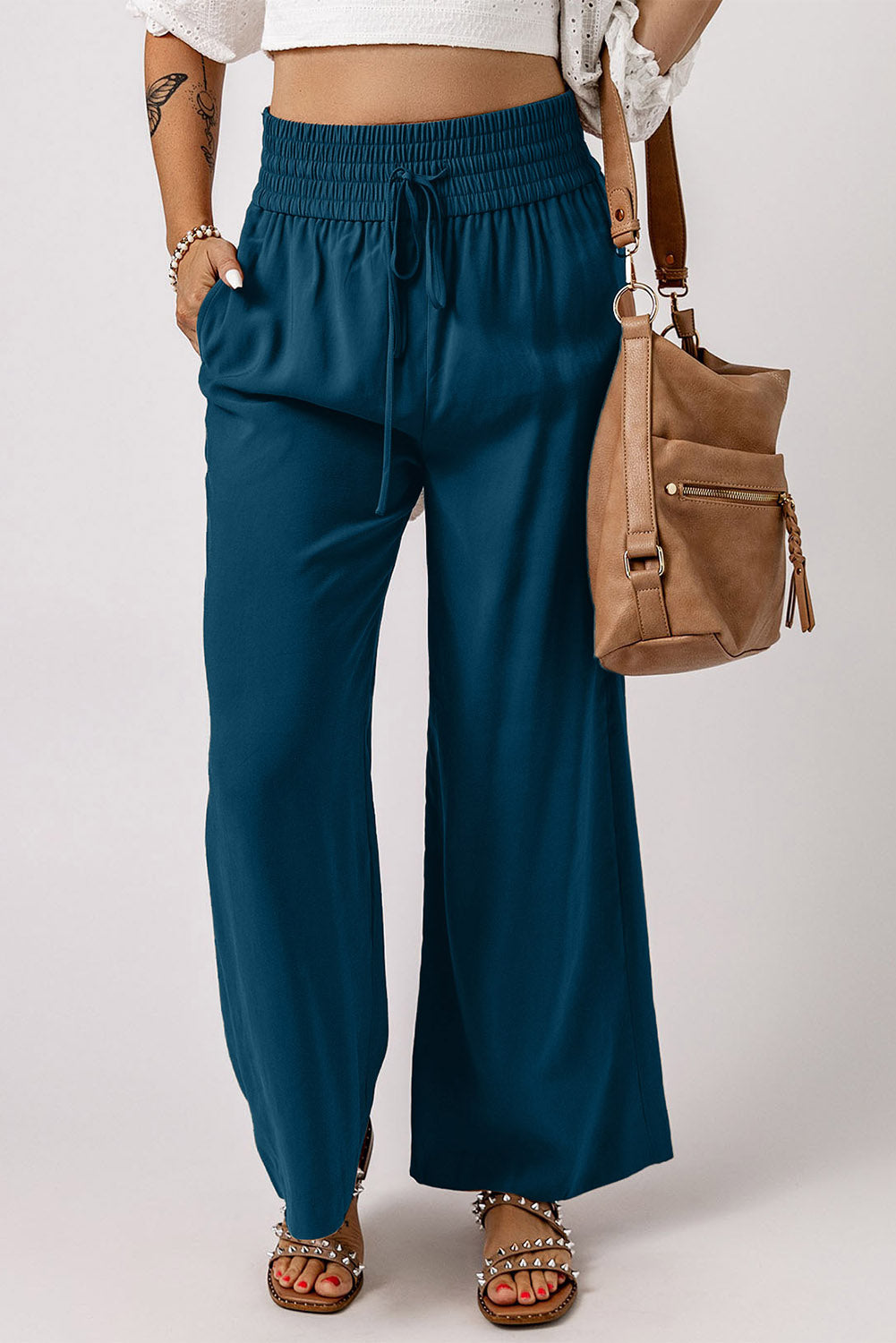 Drawstring Smocked Waist Wide Leg Pants-Angel Casuals