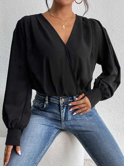 Surplice Ruched Long Sleeve Bodysuit-Angel Casuals