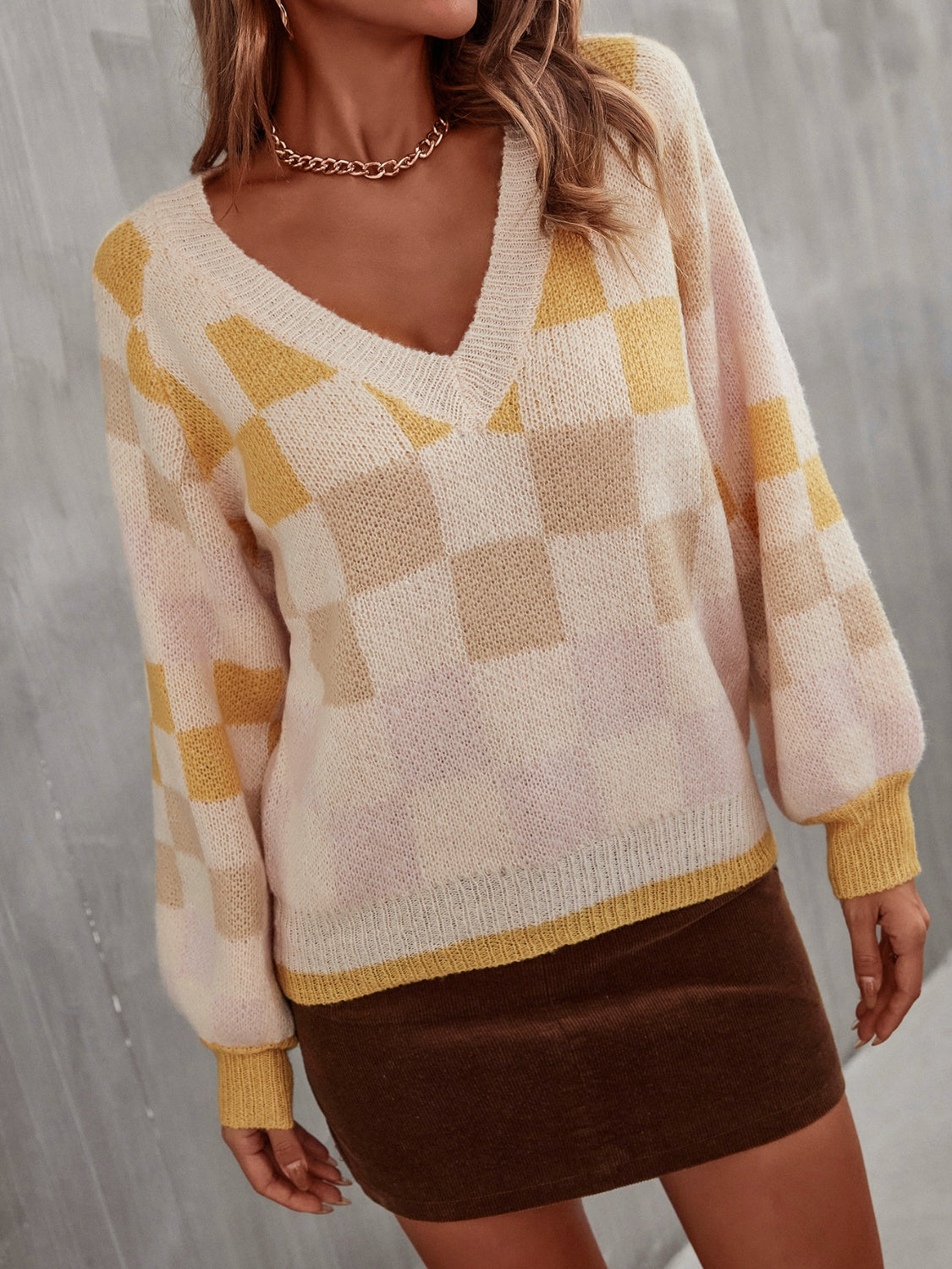 Angel Wings Checkered V-Neck Lantern Sleeve Sweater-Angel Casuals