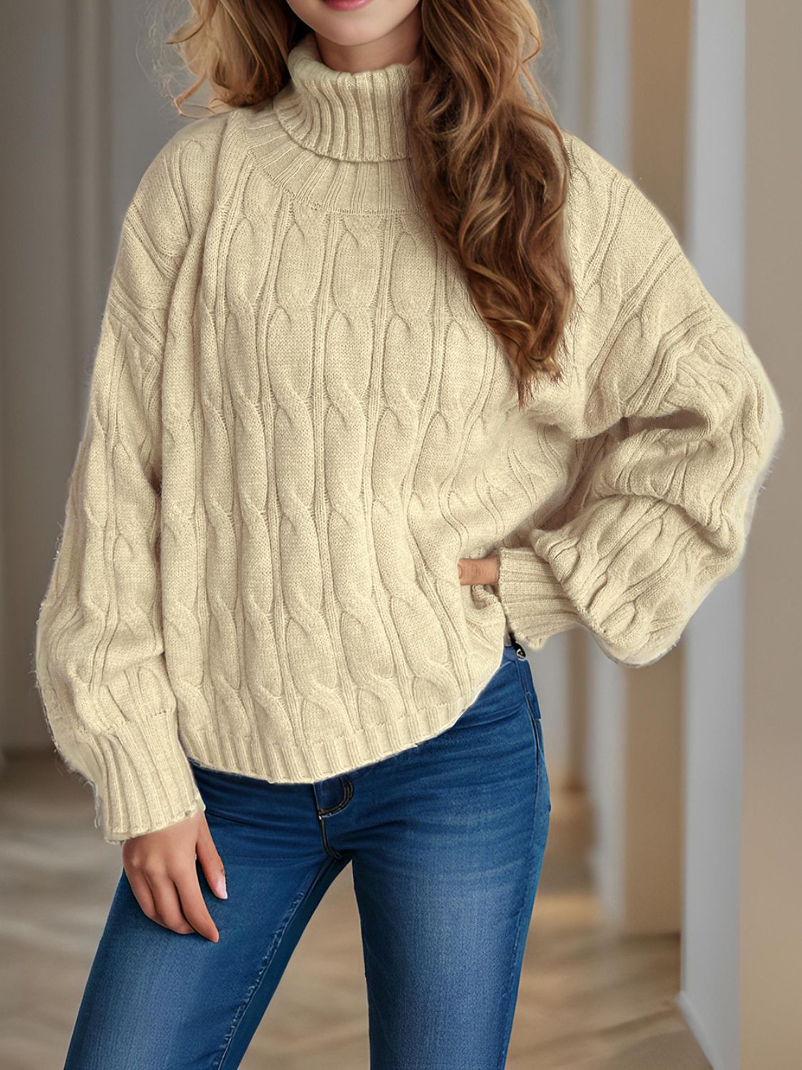 Cable-Knit Turtleneck Long Sleeve Sweater-Angel Casuals