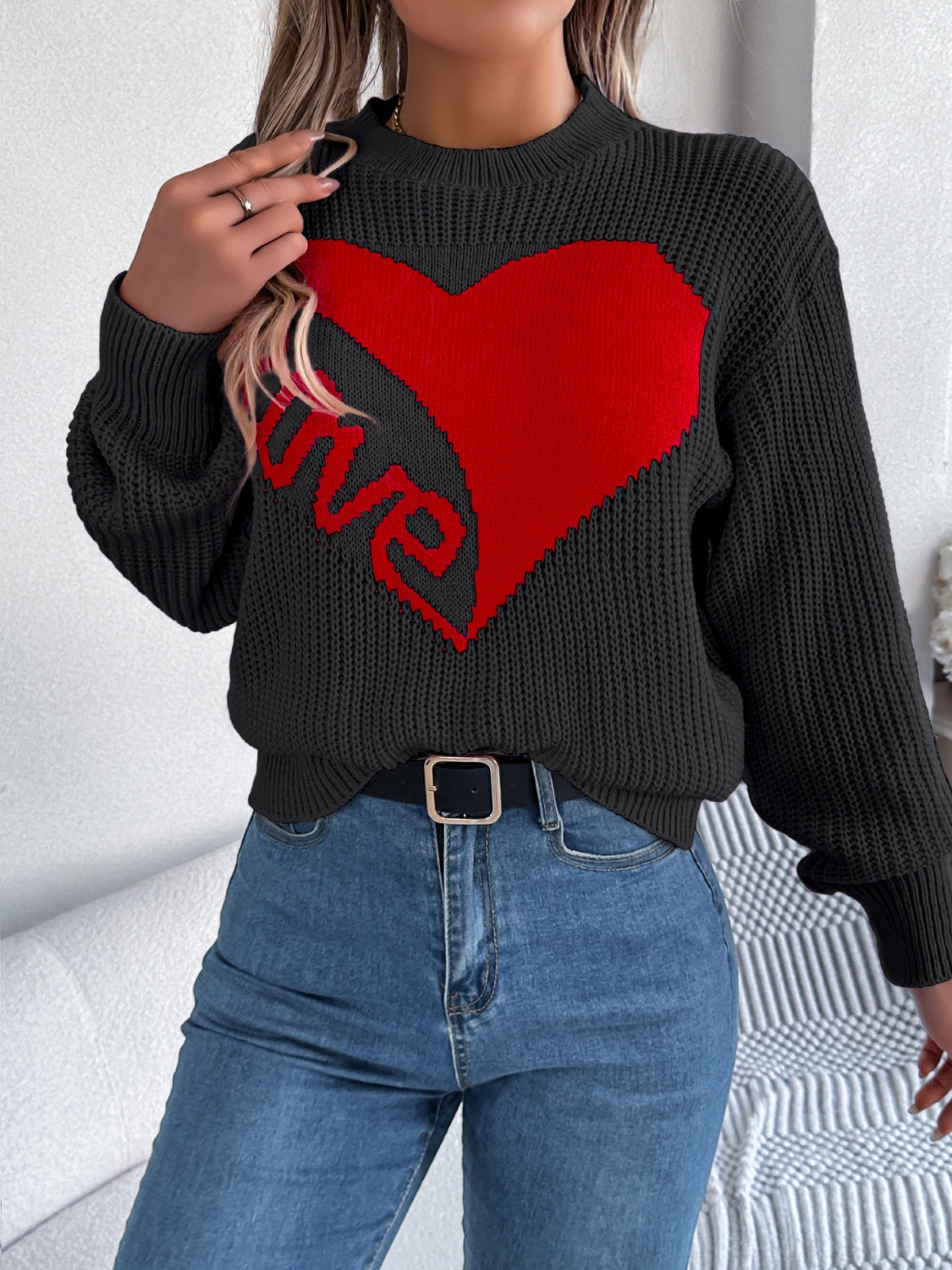 LOVE Heart Round Neck Dropped Shoulder Sweater-Angel Casuals