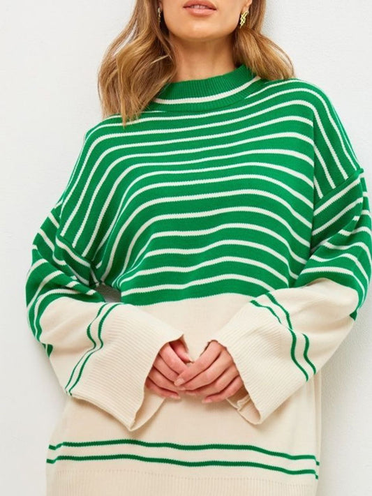 Striped Mock Neck Long Sleeve Sweater-Angel Casuals