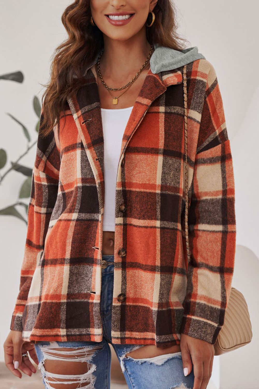 Plaid Button Up Hooded Shacket-Angel Casuals