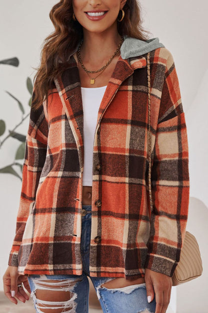 Plaid Button Up Hooded Shacket-Angel Casuals