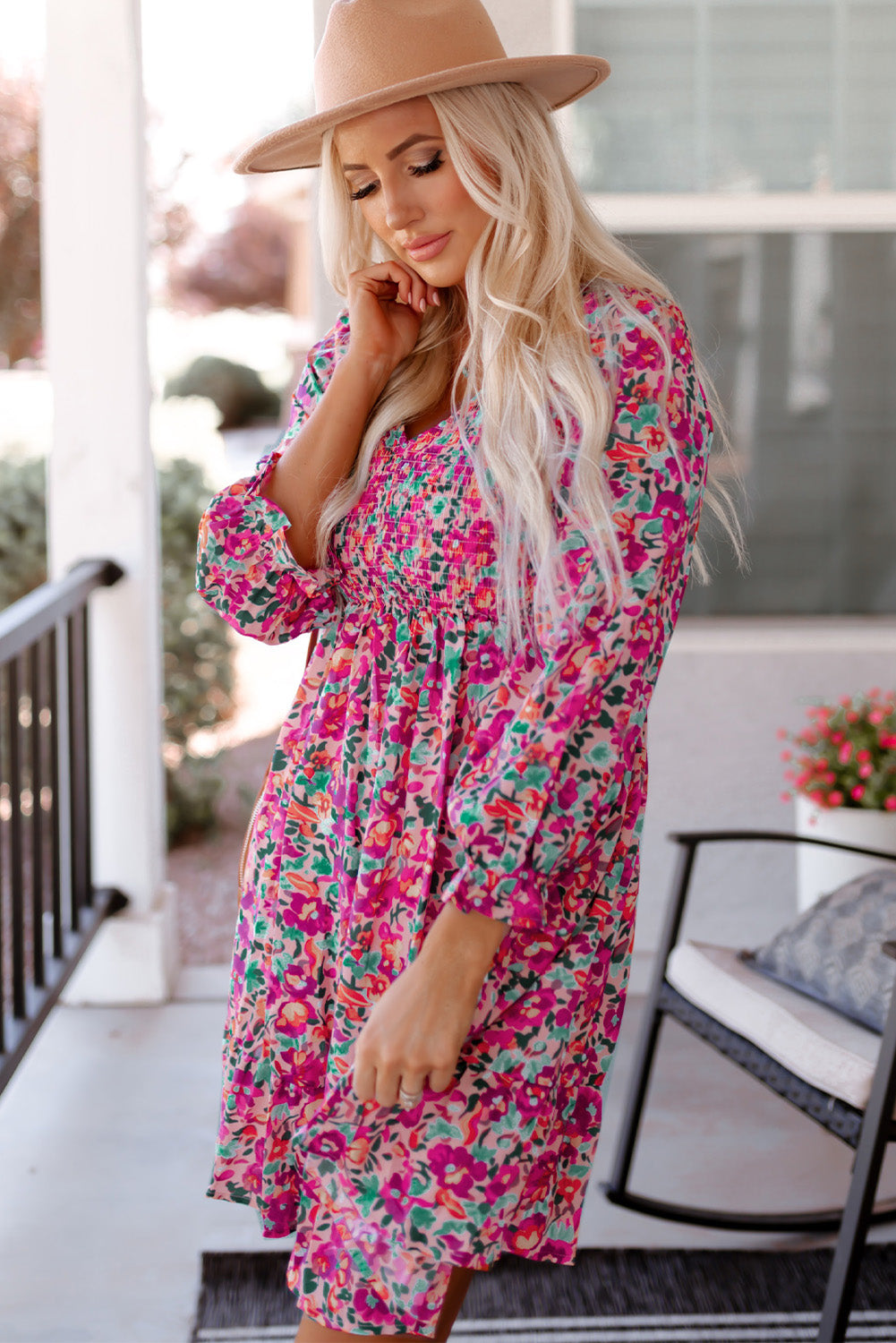 Floral Smocked V-Neck Flounce Sleeve Dress-Angel Casuals