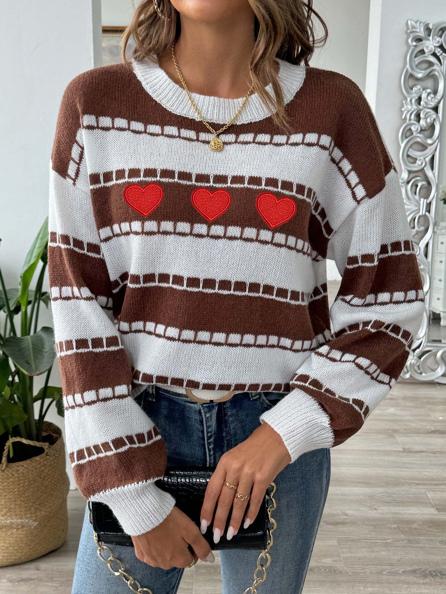 Heart Round Neck Long Sleeve Sweater-Angel Casuals