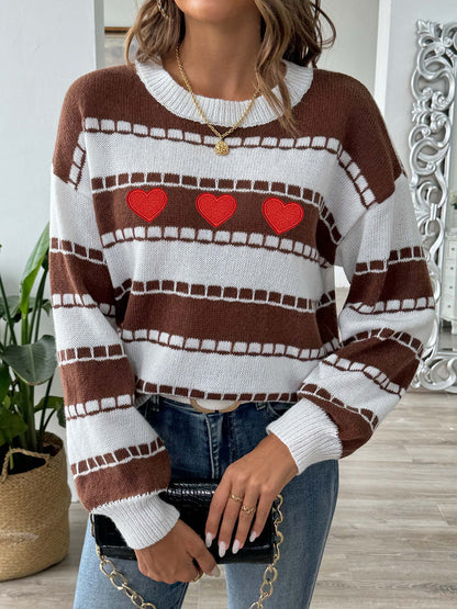 Heart Round Neck Long Sleeve Sweater-Angel Casuals