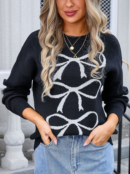 Angel Wings Bow Graphic Round Neck Long Sleeve Sweater-Angel Casuals