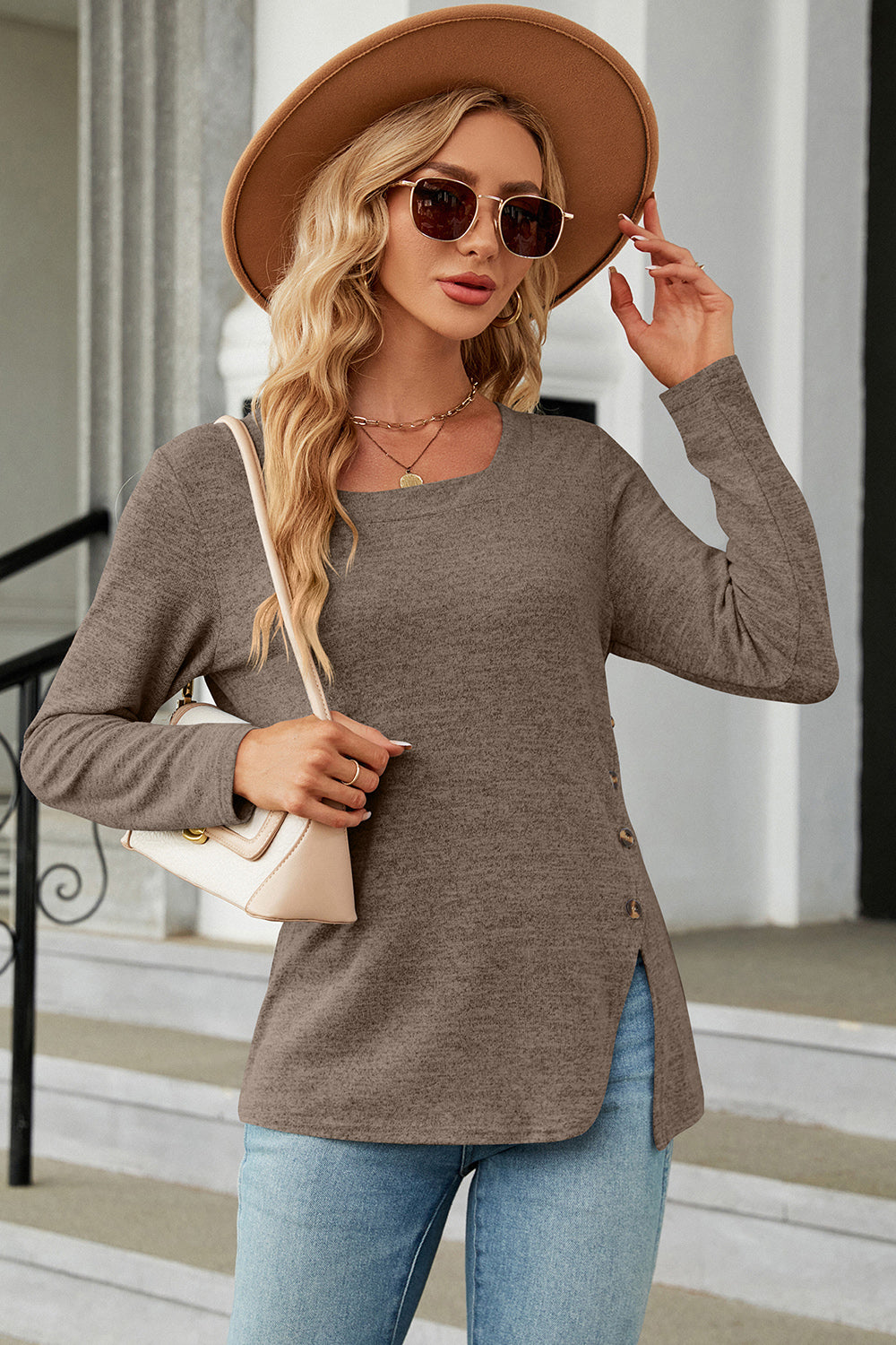 Slit Decorative Button Square Neck T-Shirt-Angel Casuals