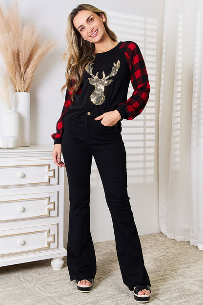 Heimish Full Size Sequin Reindeer Graphic Plaid Top-Angel Casuals