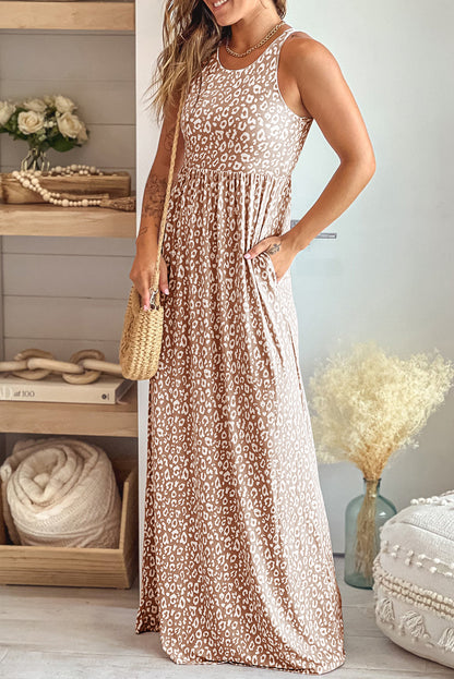 Leopard Round Neck Sleeveless Maxi Dress-Angel Casuals