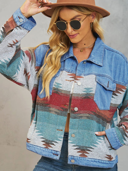 Geometric Button Up Dropped Shoulder Denim Jacket-Angel Casuals