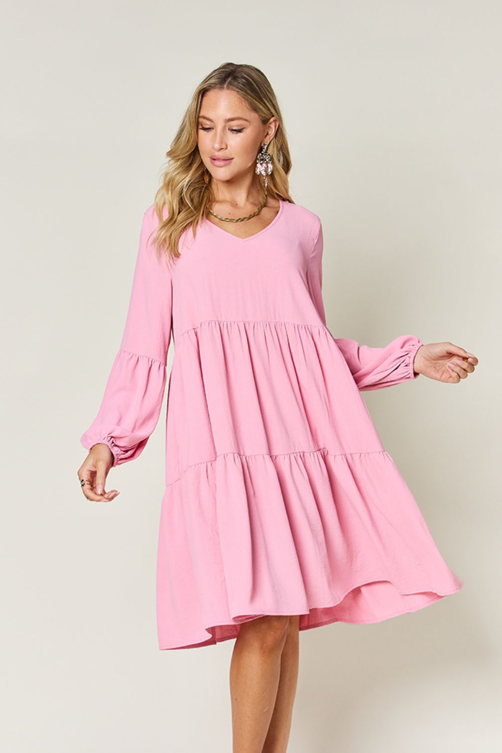 Double Take Full Size V-Neck Balloon Sleeve Tiered Dress-Angel Casuals