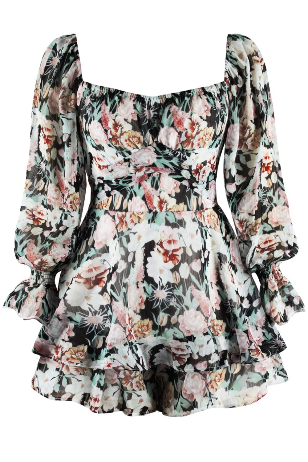 Floral Sweetheart Neck Flounce Sleeve Romper-Angel Casuals