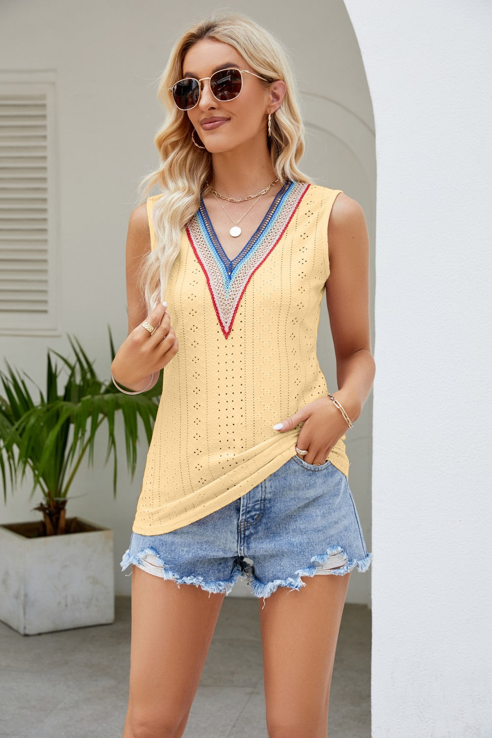 Contrast V-Neck Eyelet Tank-Angel Casuals