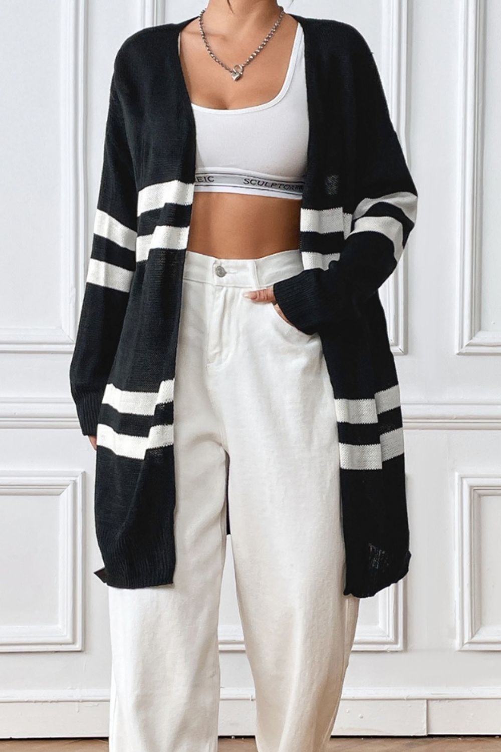 Striped Open Front Dropped Shoulder Cardigan-Angel Casuals