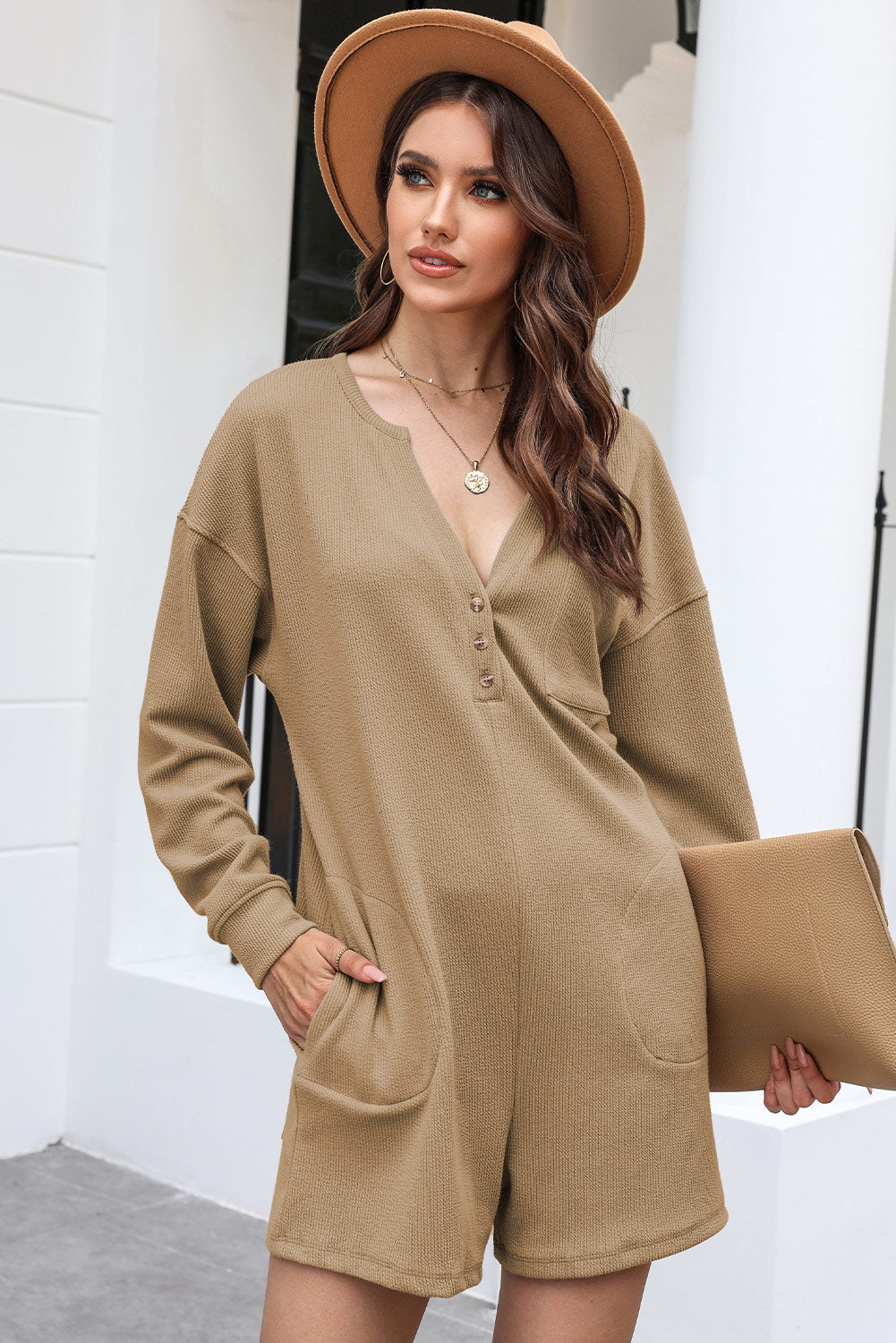 Notched Neck Long Sleeve Romper-Angel Casuals