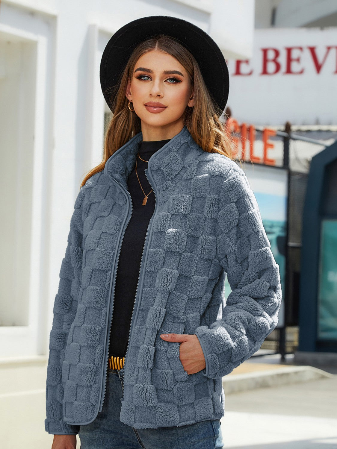 Fuzzy Checkered Zip Up Jacket-Angel Casuals
