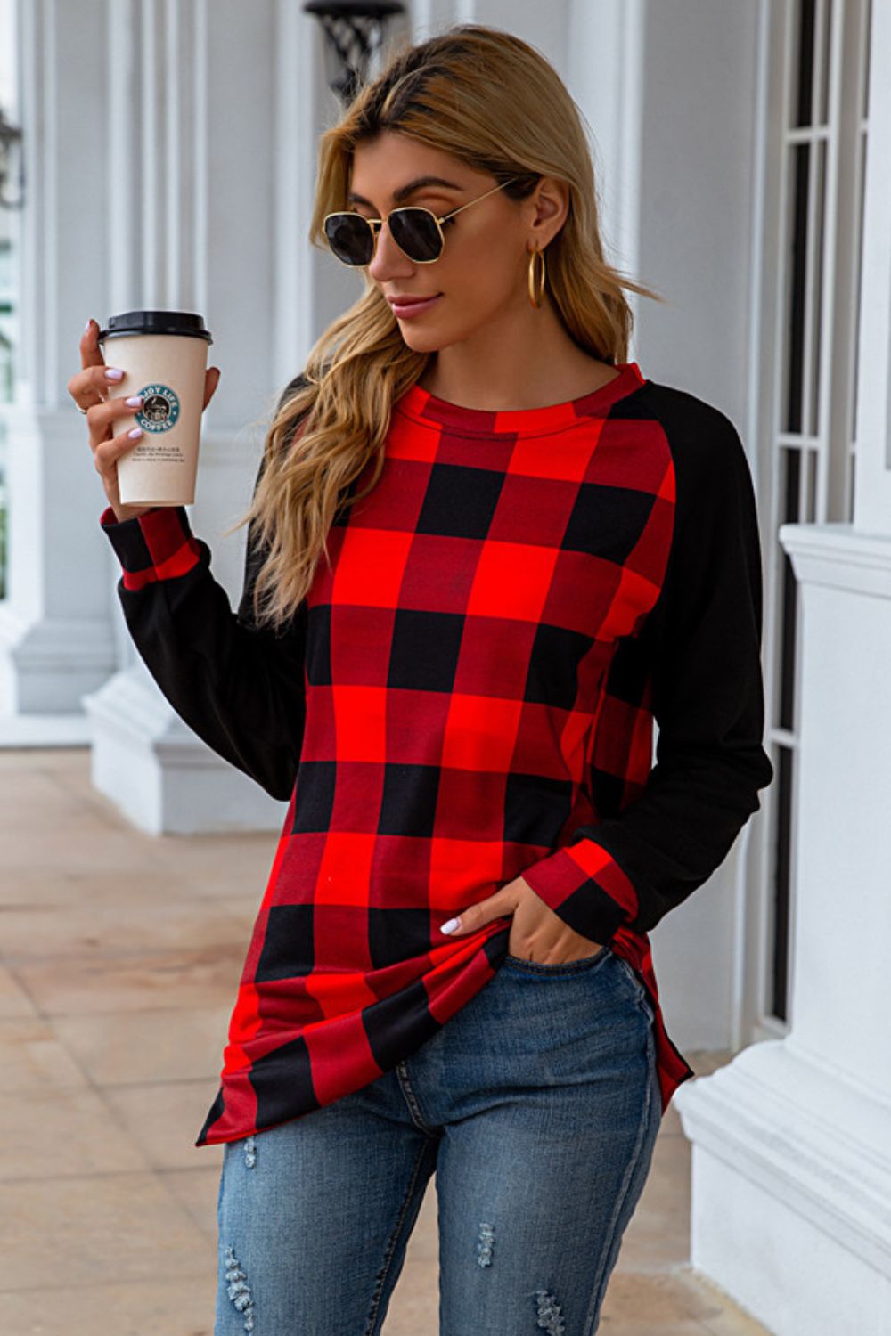 Plaid Round Neck Long Sleeve T-Shirt-Angel Casuals