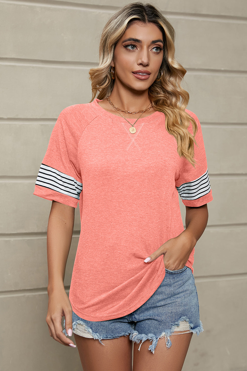 Striped Round Neck Short Sleeve T-Shirt-Angel Casuals