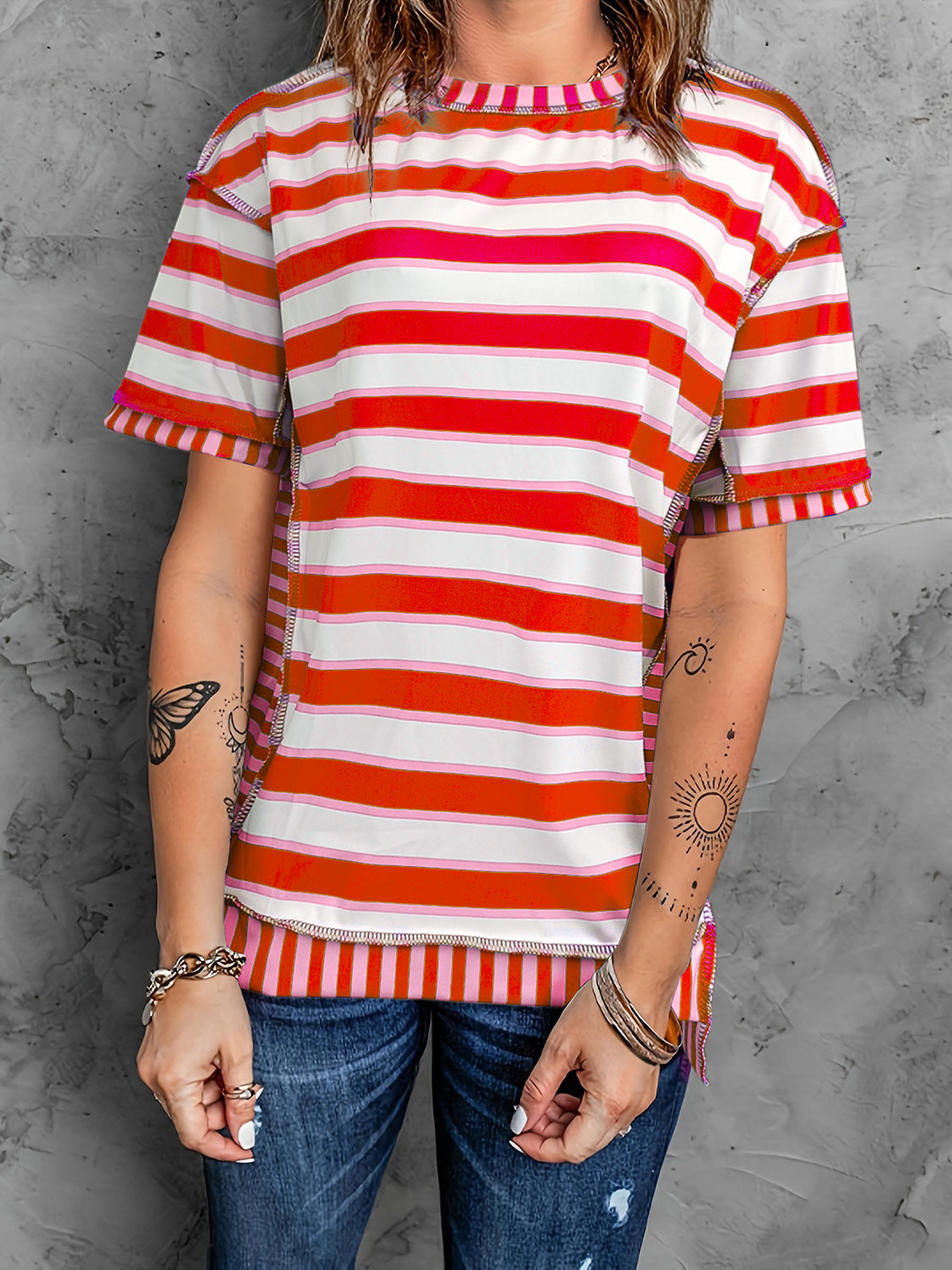 Full Size Contrast Stitching Striped Round Neck T-Shirt-Angel Casuals