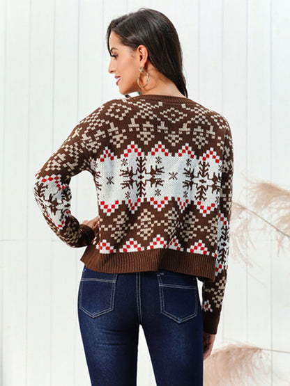 Snowflake Pattern Round Neck Sweater-Angel Casuals