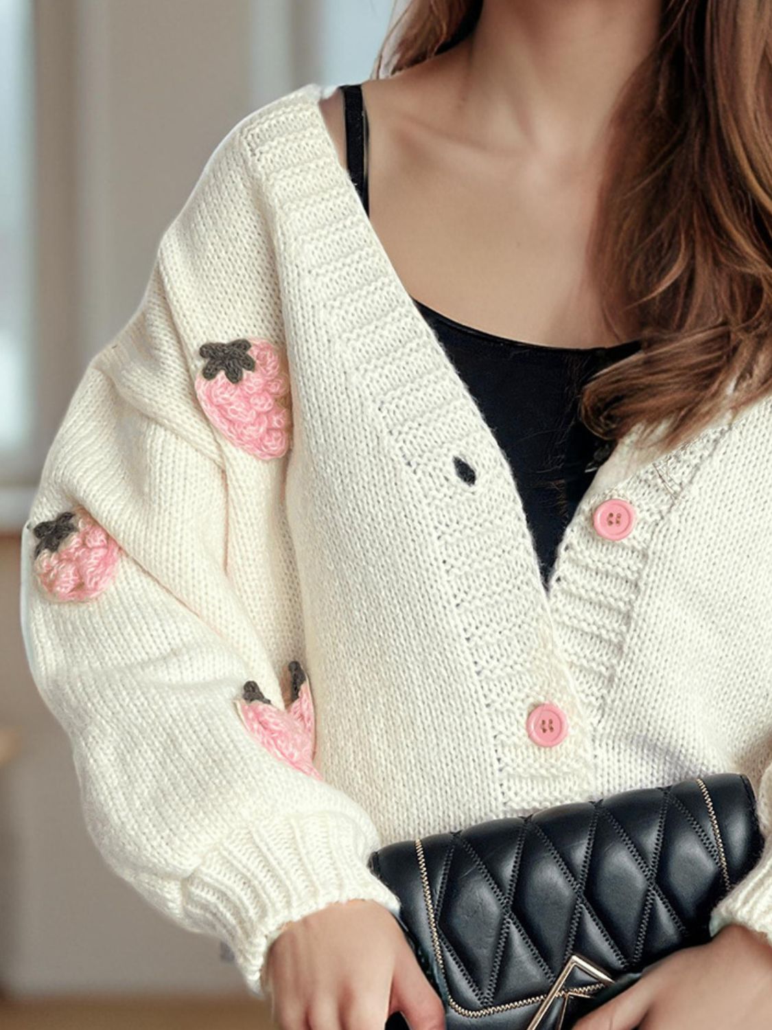 Crochet Strawberry V-Neck Long Sleeve Cardigan-Angel Casuals