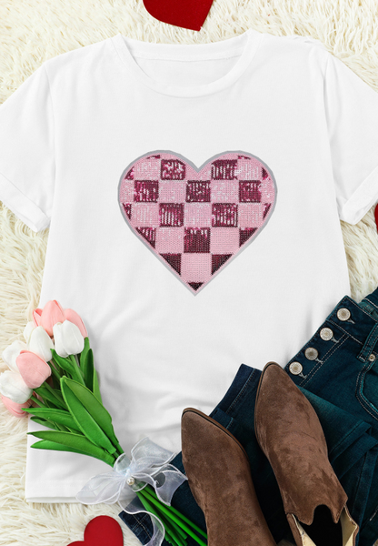Sequin Checkered Heart Round Neck Short Sleeve T-Shirt-Angel Casuals