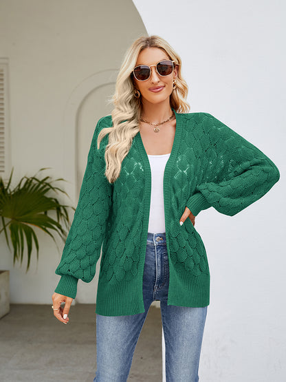 Openwork Open Front Lantern Sleeve Cardigan-Angel Casuals