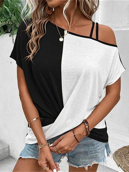 Contrast Asymmetrical Neck Short Sleeve T-Shirt-Angel Casuals