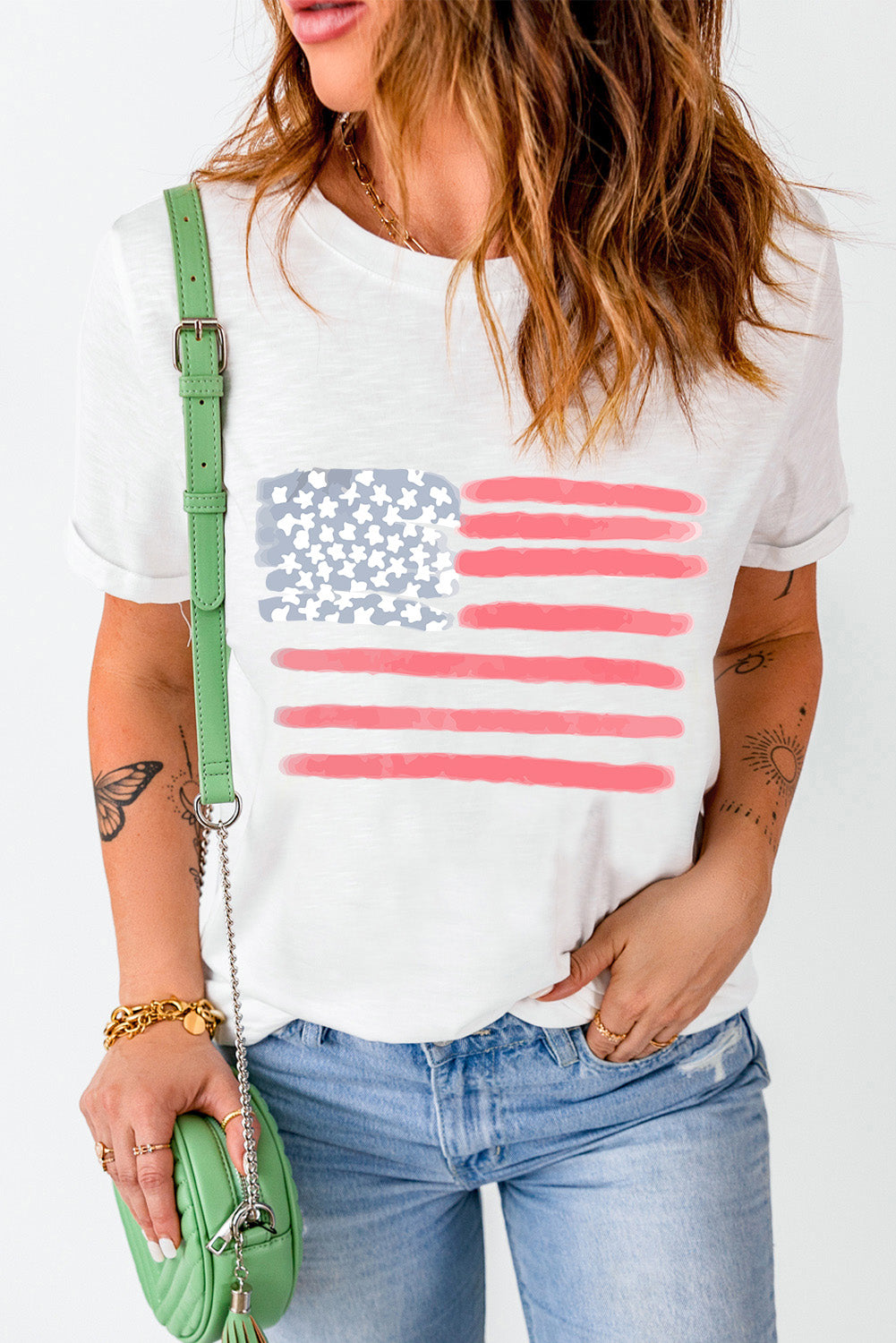 US Flag Round Neck Short Sleeve T-Shirt-Angel Casuals