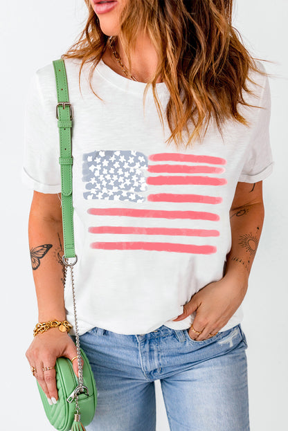 US Flag Round Neck Short Sleeve T-Shirt-Angel Casuals