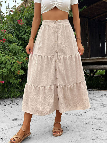 Button Down Tiered Midi Skirt-Angel Casuals